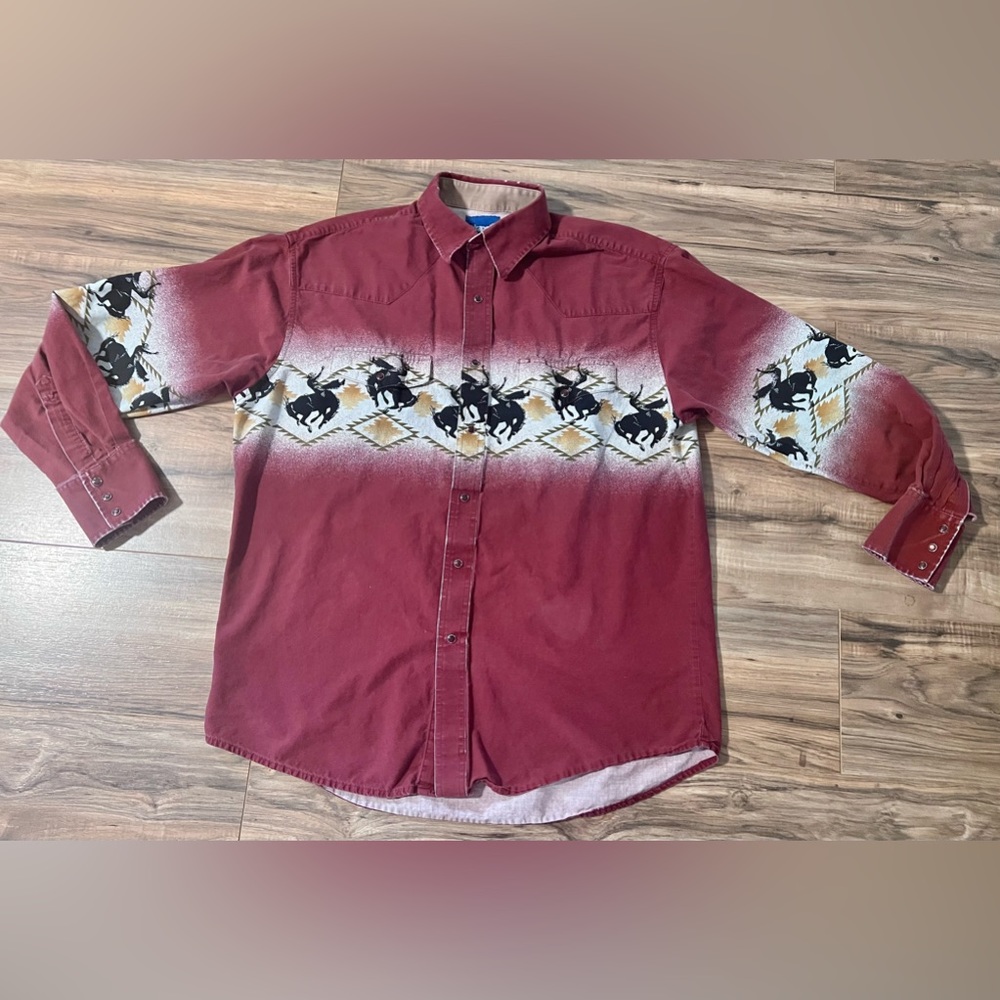 VINTAGE Wrangler Southwest Horse Print Pearl Snap Western Shirt-Needs Mended